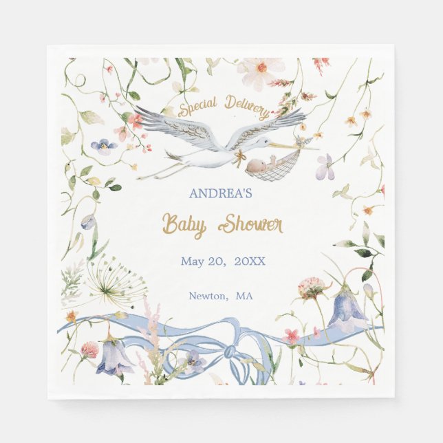 Stork Wildflower Ribbon Baby Shower Paper Napkin (Front)