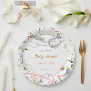Stork Wildflower Ribbon Baby Shower Paper Plates
