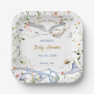 Stork Wildflower Ribbon Baby Shower Paper  Plates
