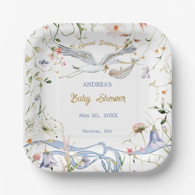 Stork Wildflower Ribbon Baby Shower Paper  Plates (Front)