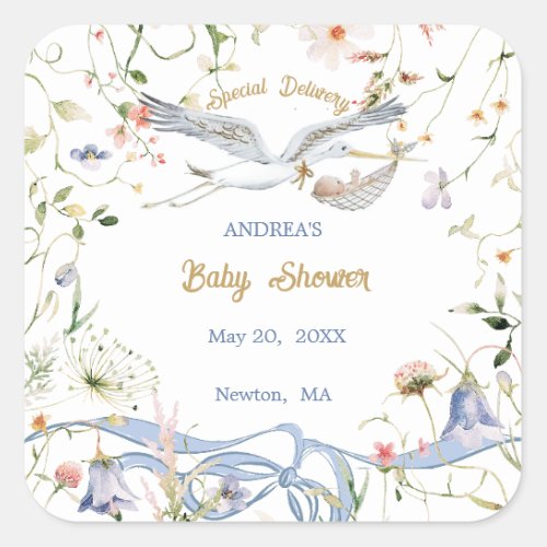 Stork Wildflower Ribbon Baby Shower Paper  Square Sticker