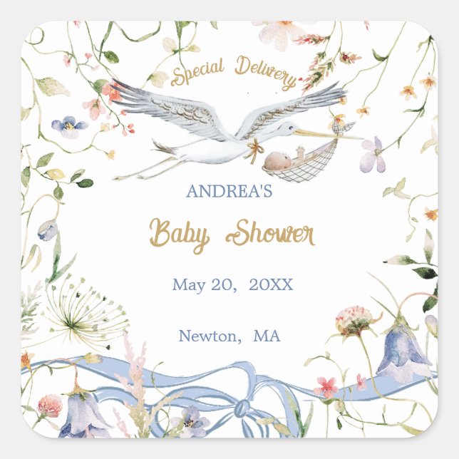 Stork Wildflower Ribbon Baby Shower Paper  Square Sticker (Front)