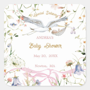 Stork Wildflower Ribbon Baby Shower Paper Square Sticker