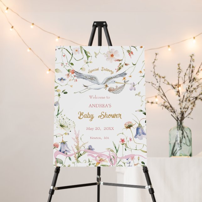 Stork Wildflower Ribbon Baby Shower Welcome Foam Board (In Situ (Stand))