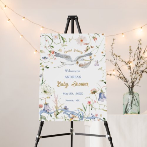 Stork Wildflower Ribbon Baby Shower Welcome Foam Board