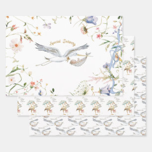Stork Wildflower Ribbon Baby Shower Wrapping Paper Sheets