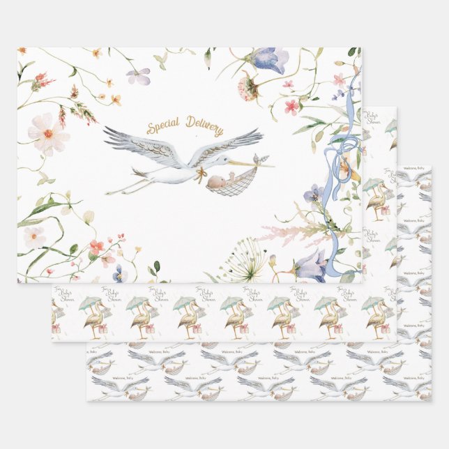 Stork Wildflower Ribbon Baby Shower Wrapping Paper Sheets (Set)