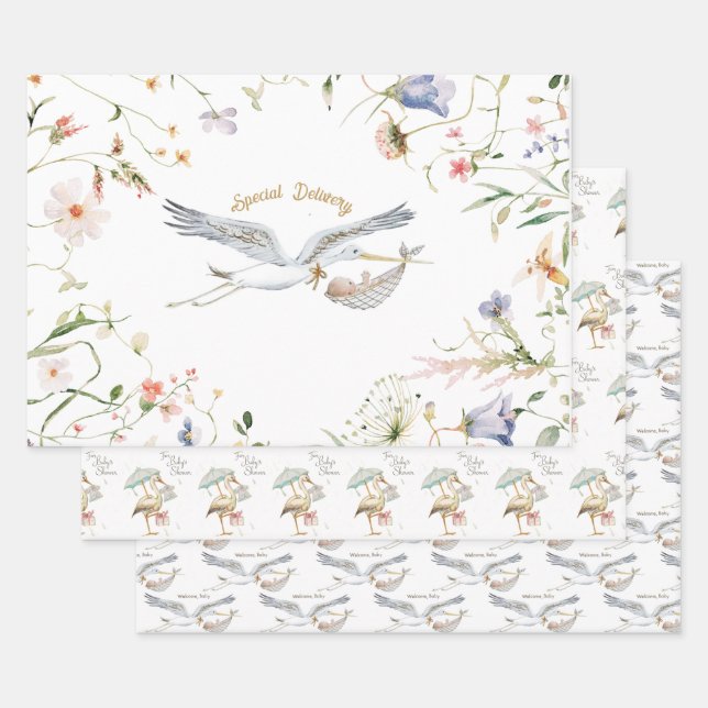 Stork Wildflower Ribbon Baby Shower Wrapping Paper Sheets (Set)
