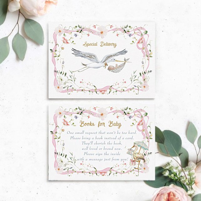 Stork Wildflower Ribbon Books for Baby Shower Enclosure Card (Creator Uploaded)
