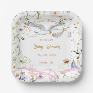 Stork Wildflower Ribbon Paper Plate