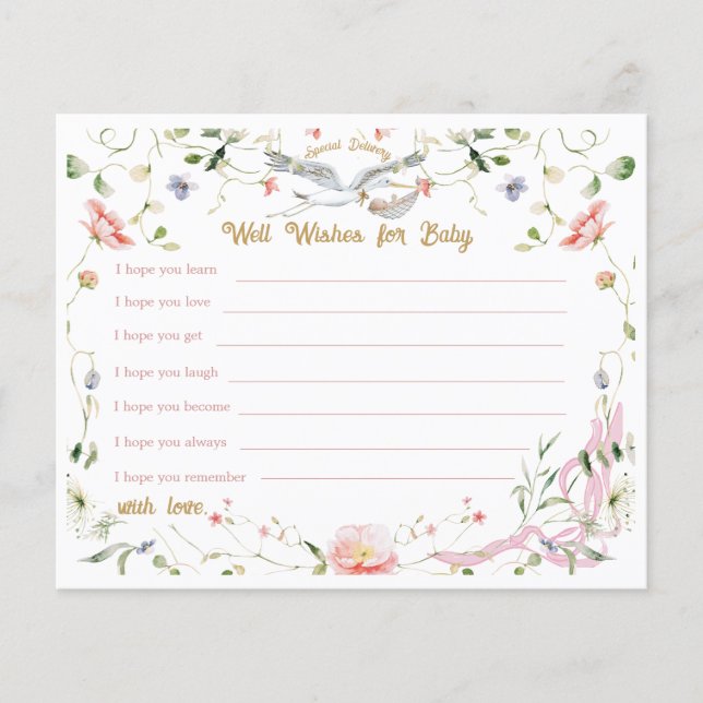 Stork Wildflower Ribbon Well Wishes Advice Card (Front)