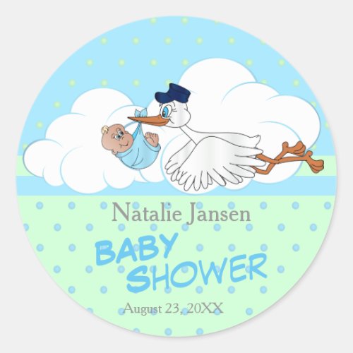 Stork with a Cute Little Baby Boy Classic Round Sticker