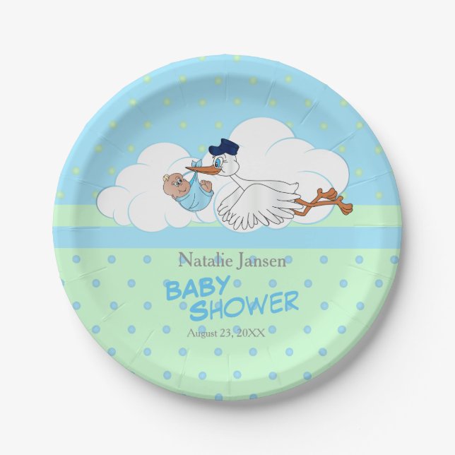 Stork with a Cute Little Baby Boy Paper Plates (Front)