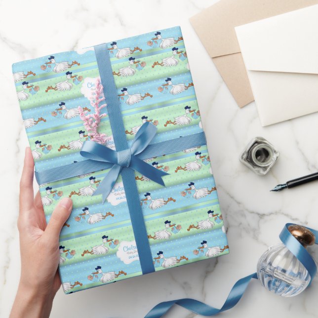 Stork with a Cute Little Baby Boy Wrapping Paper (Gifting)