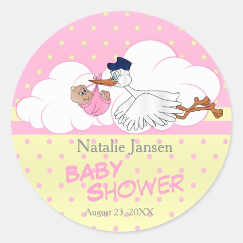 Stork with a Cute Little Baby Girl Classic Round Sticker