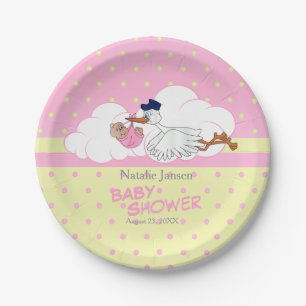 Stork with a Cute Little Baby Girl Paper Plates
