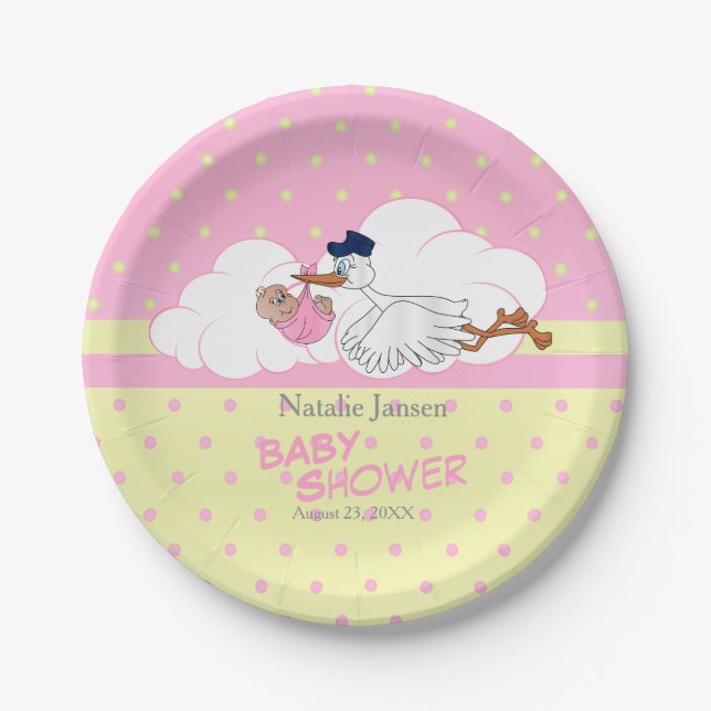 Stork with a Cute Little Baby Girl Paper Plates (Front)