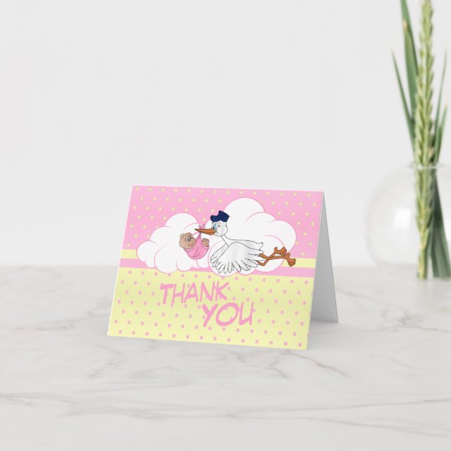 Stork with a Cute Little Baby Girl Thank You Card (Front)