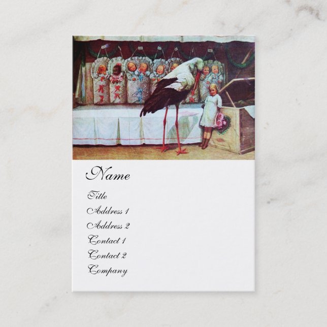 STORK WITH BABIES ,BABY SHOWER White Nursery Business Card (Front)