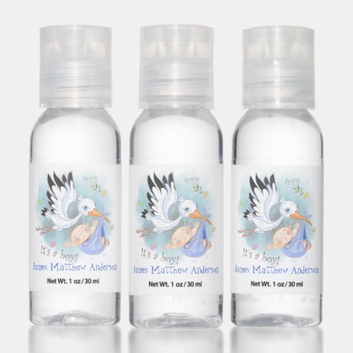 Stork with Baby Boy Baby Shower Favors Hand Sanitizer