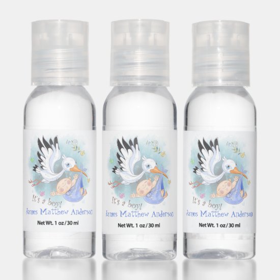 Stork with Baby Boy Baby Shower Favors Hand Sanitizer