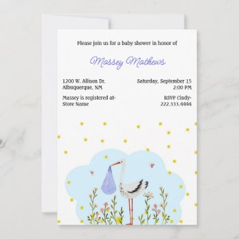 Stork With Baby Boy Baby Shower Invitation by Hannahscloset at Zazzle