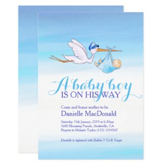Stork with baby boy baby shower invitations