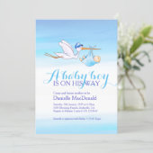 Stork with baby boy baby shower invitations (Standing Front)