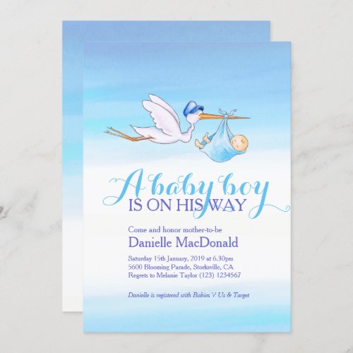 Stork with baby boy baby shower invitations