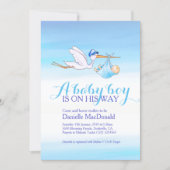 Stork with baby boy baby shower invitations (Front)