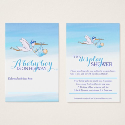 Stork with baby boy blue shower display cards