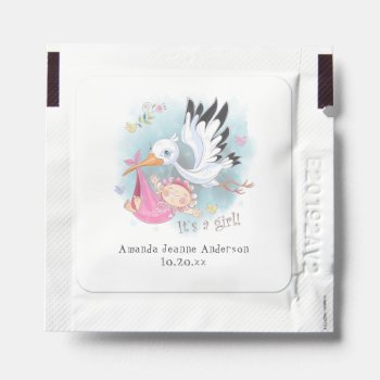 Stork With Baby Girl Baby Shower Favors Hand Sanitizer Packet by dmboyce at Zazzle