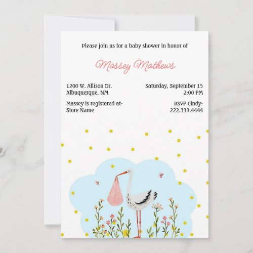 Stork with Baby Girl Baby Shower Invitation