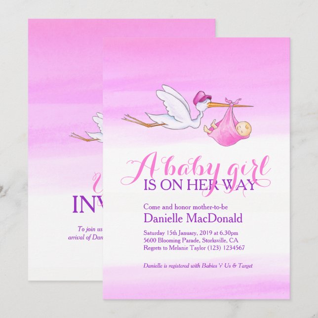 Stork with baby girl baby shower invitations (Front/Back)