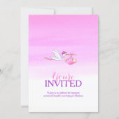 Stork with baby girl baby shower invitations (Back)