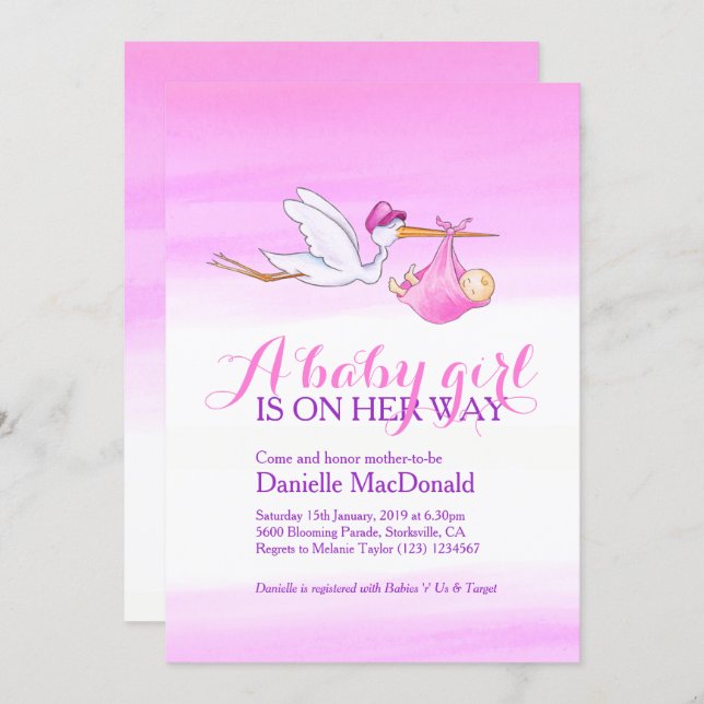 Stork with baby girl baby shower invitations (Front/Back)