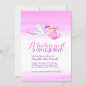 Stork with baby girl baby shower invitations (Front)