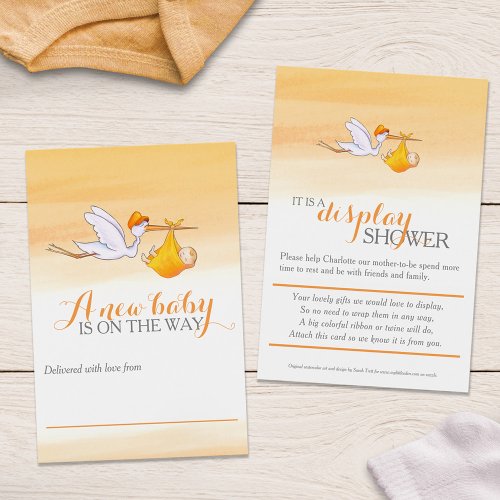 Stork with baby orange shower display cards