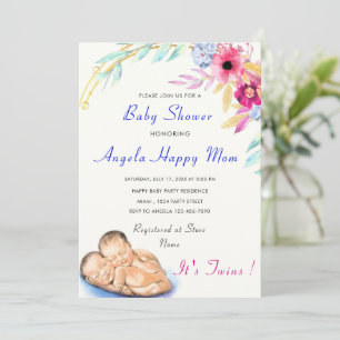 Stork with Baby Twins Shower Invitation Template