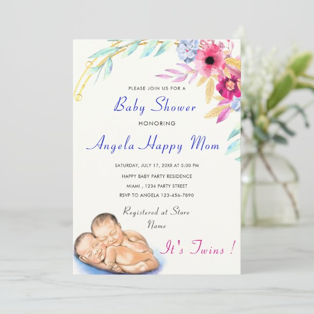 Stork with Baby Twins Shower Invitation Template (Standing Front)