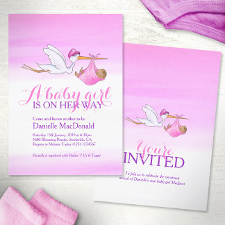 Stork with dark baby girl baby shower invitations