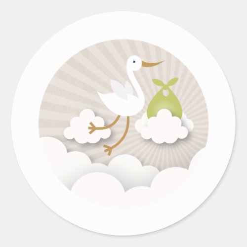 Stork with Green Bundle Neutral Baby Shower Classic Round Sticker