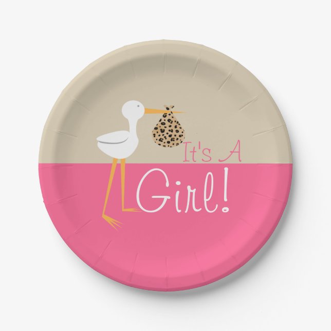 Stork With Leopard Bundle Girl Baby Shower Paper Plates (Front)