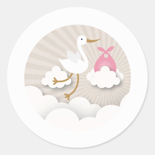 Stork with Pink Bundle Girl Baby Shower Classic Round Sticker