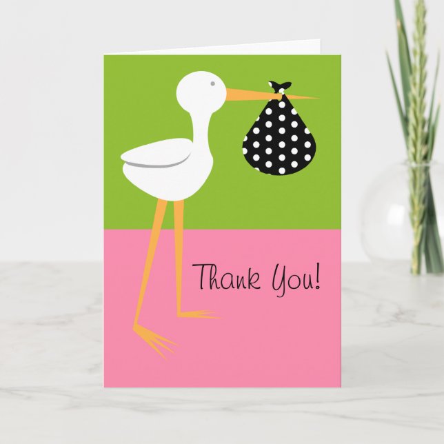 Stork With Polka Dot Bundle Baby Shower Thank You (Front)