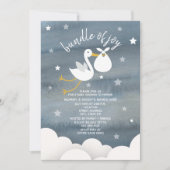 Stork With White Bundle Stars Baby Shower Invitation (Front)