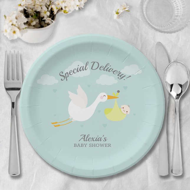 Stork Yellow Baby Bundle Baby Shower Paper Plates (Cute stork yellow baby bundle unisex baby shower paper plates)
