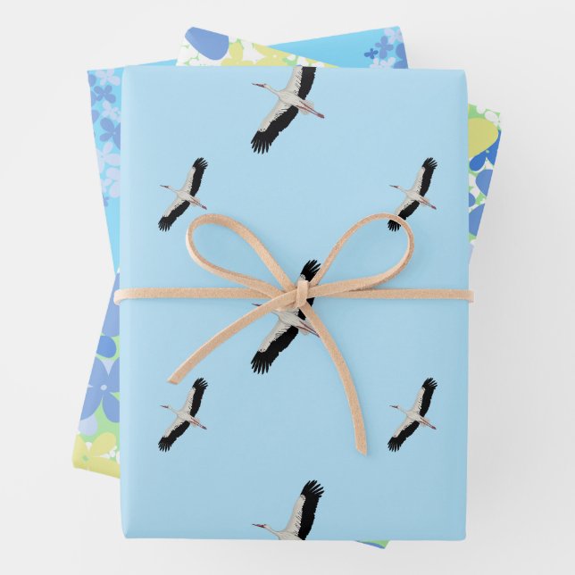 Storks and wild flowers wrapping paper sheets (In situ)