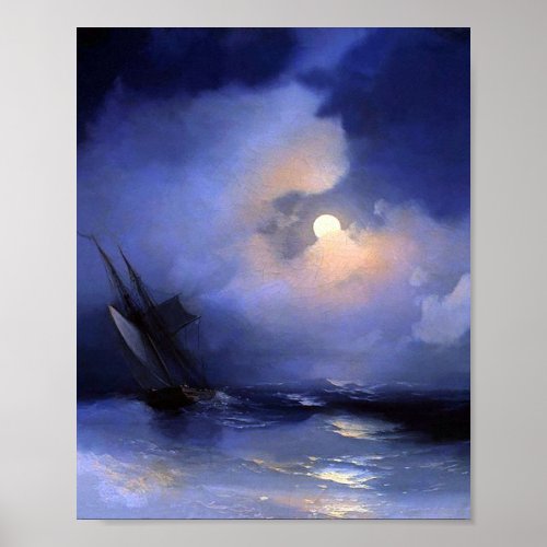 Storm at sea on a moonlit night by Ivan Aivazovsky Poster