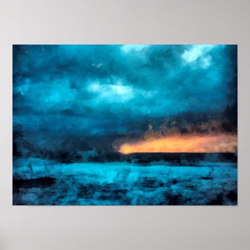 Storm at sea with rain clouds in sunset Landscape Poster